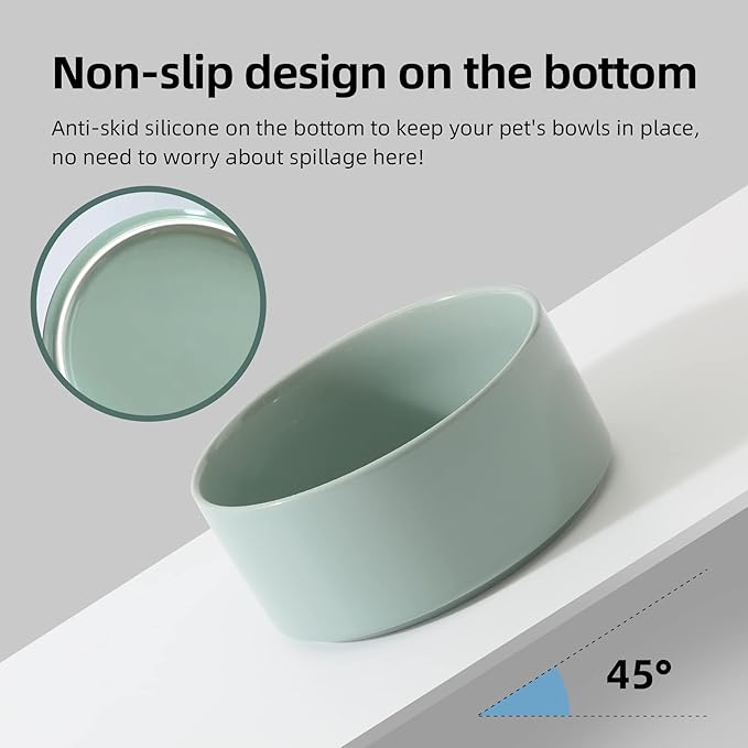 Ceramic 5.1inch Raised Double Bowls Set with Wooden Stand, Elevated Food & Water Bowls for Small Breed Dogs, Cats, Kitty, Weighted Dog Dishes, Pet Bowls(13.5oz, Light Green)