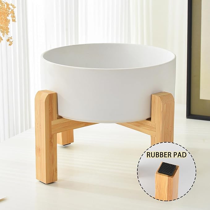 6'' Ceramic Raised Dog Bowl - 30Oz Dog Food & Water Bowl with Elevated Non-Slip Bamboo Stand, Dishwasher & Microwave Safe, Anti Vomiting Heavy Duty Pet Bowl for Small and Medium Dogs, Grey