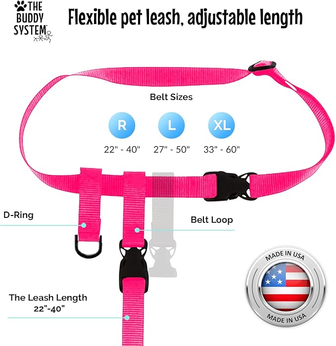 The Buddy System Hands Free Dog Leash, Adjustable Leash for Running, Jogging, Training and Service Dogs, Great for Small, Medium and Large Dogs, Made in USA (Pink, Regular Belt (22"- 40" Waist))