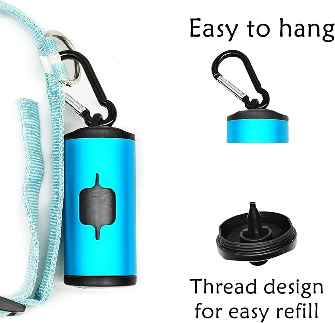 Aluminum Dog Poop Bags Holder with Carabiner Metal Pet Waste Bags Dispenser with Hook and Loop Fastener and Elastic Cord to Carry Used Bags (Blue, 2 Holder 30 Bags)