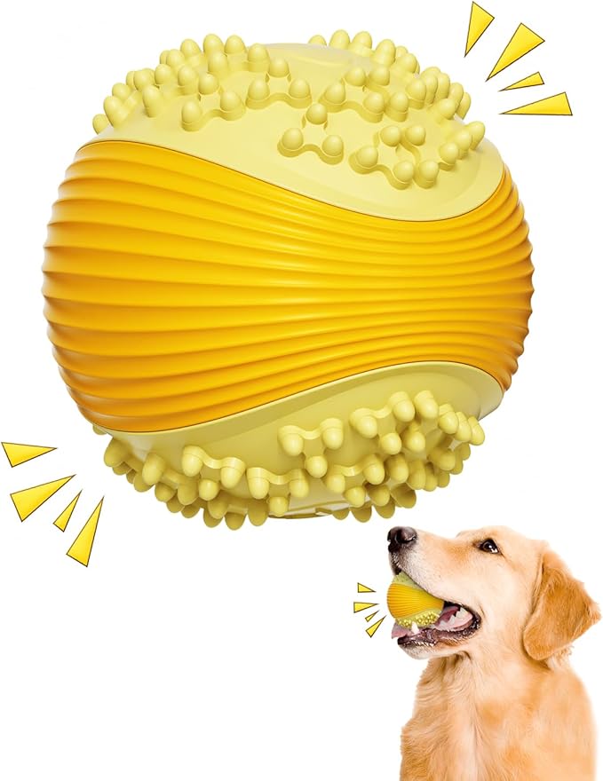 Dog Squeaky Chew Ball for Aggressive Chewers Food Grade TPR, Indestructible Design Dental Cleaning Toy, Anti Choking Fetch Ball for Small Medium Large Dog, Long Lasting Interactive Play Yellow