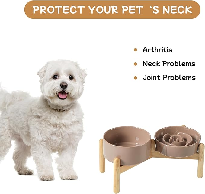 Ceramic 0.9 Cup Raised Slow Feeder Dog Bowl Set, Elevated 6.1inch Water Bowl and 6.1inch Slow Dish with Wooden Stand for Small Dogs(2 x Brown Coffee+ Stand)