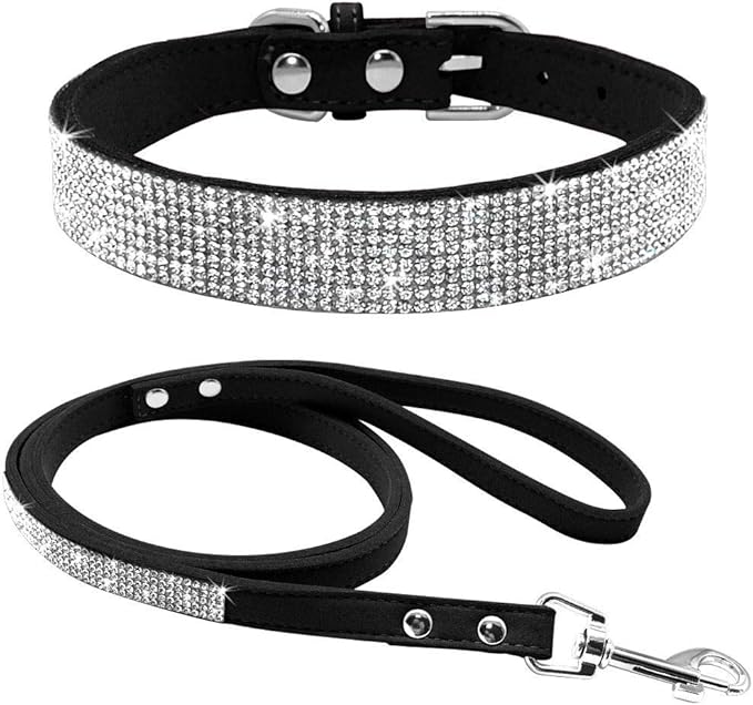 Cute Dazzling Sparkling Elegant Fancy Soft Suede Leather Bling Rhinestone Crystal Jeweled Pet Cat Dog Puppy Collar Dog Leash Combo Set (XXS(Neck 6-8"), Black)