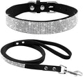 Cute Dazzling Sparkling Elegant Fancy Soft Suede Leather Bling Rhinestone Crystal Jeweled Pet Cat Dog Puppy Collar Dog Leash Combo Set (XXS(Neck 6-8"), Black)