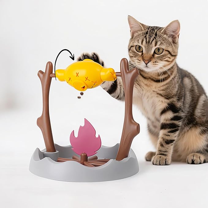 Cat Treat Dispenser, Pets Dry Foods Dispenser, Cats Campfire Treat Slow Feeder, Unique Rotatable Roast and Flame, Interactive Slow Food Puzzle Feeder for Indoor Cats and Dogs