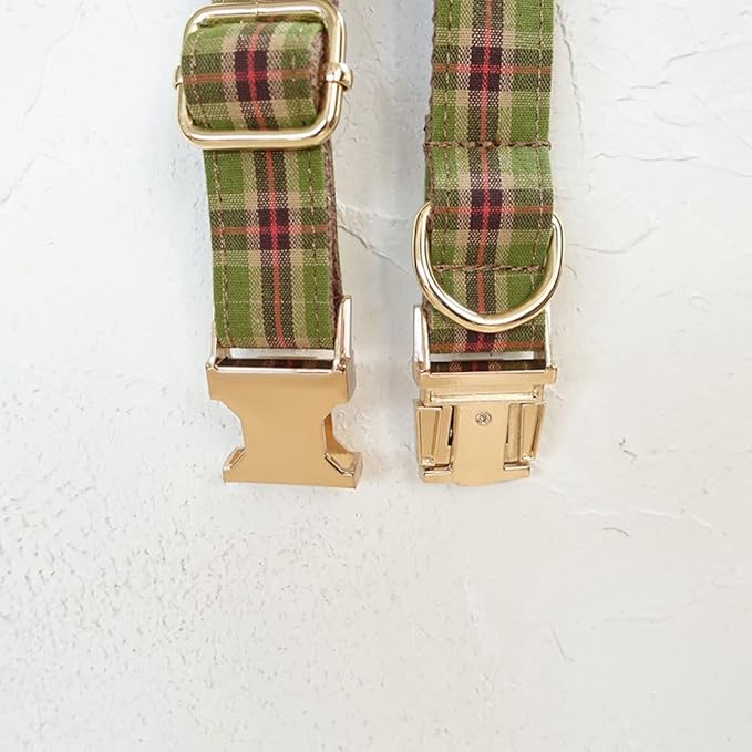 PETDURO Personalized Plaid Dog Collar Tree Green - Engraved Name and Phone Number on Gold Metal Buckle - Custom for Small Medium Large Boy Girl Dogs - Add Leash Bow Tie via Customize Now