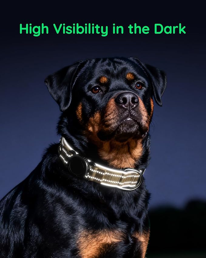 Upgrade Airtag Dog Collar,with IPX8 Waterproof AirTag Holder | Reflective Ultra-Durable | Soft Padded | Lock Buckle | Heavy Duty | Fit Small Medium Large Dogs（Champagne，XL(19"～27")）