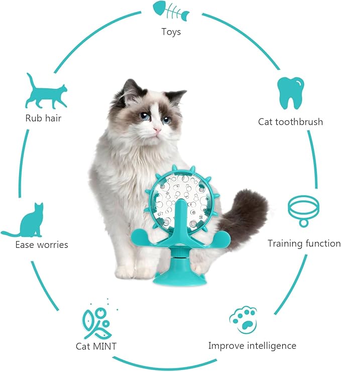 Windmill Cat Treat Dispenser Toy : 360 Degree Rotating Cat Treat Feeder with Suction Cup for Puppies Kitten, 5.11X1.57X6.68in (Blue)