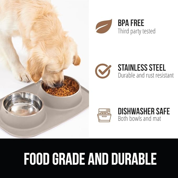 GORILLA GRIP Feeding Mat Set, Patent Pending 100% Waterproof BPA Free Silicone, Stainless Steel Cat and Dog Bowls, Slip Resistant, High Edges Catch Water Food, US Designed Pet Accessories, 2 Cup Beige