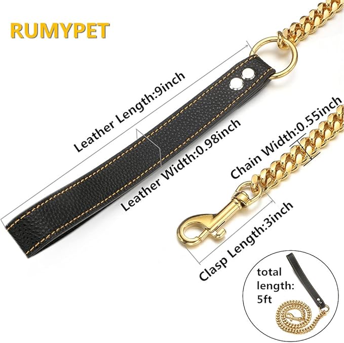 3FT/4FT/5FT Heavy Duty Gold Dog Chain Leash 14MM Stainless Steel Miami Cuban Link Chain with Durable Genuine Leather Handle for Training Walking(14mm,5ft)…