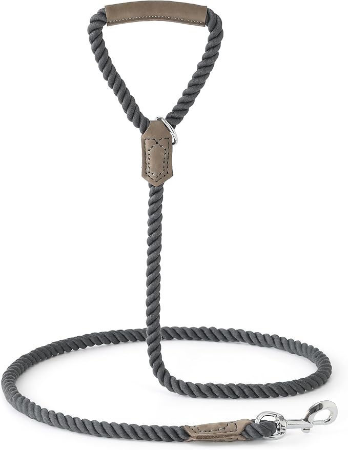 Mile High Life Dog Leash, Braided Cotton Rope Leashes with Leather Handle - Heavy Duty Metal Clasp, 4FT, 1/2" Thick - Wedding, Walking & Training Leash for Small Medium Large Dogs (Gray)