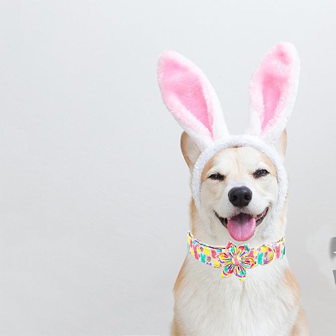 Elegant Little Tail Pink Bunny Print Dog Collar, Adjustable X-Small Puppy Collar with Removable Flower Bow, 8-12 Inches