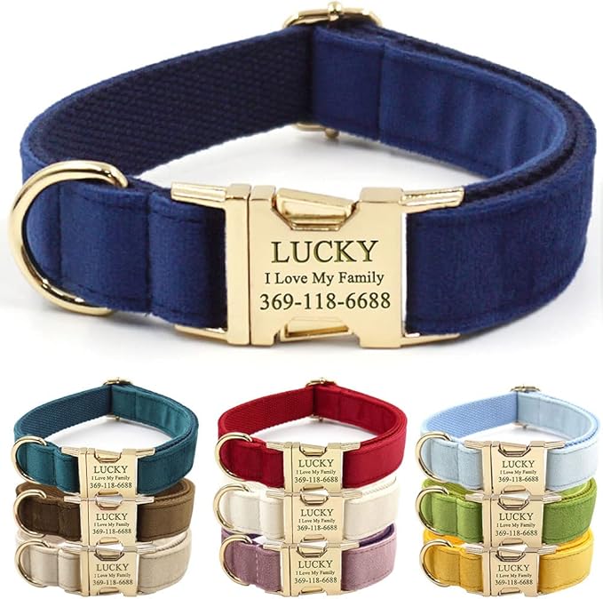 PETDURO Custom Dog Collar Personalized with Name Engraved Quick Release Rose Gold Metal Buckle for Large Medium Small Girl Dogs - Dog Leash and Bow Tie Available - Soft Comfy Velvet (Dark Blue, XL)