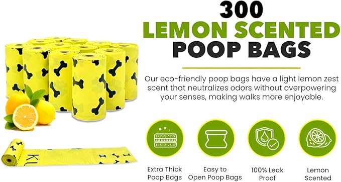 Compostable Dog Poop Bags - 300 Count Lemon Scented, Extra Thick & Leak-Proof Corn Starch Blend - Eco-Friendly Biodegradable Pet Waste Bags for Dogs and Puppies