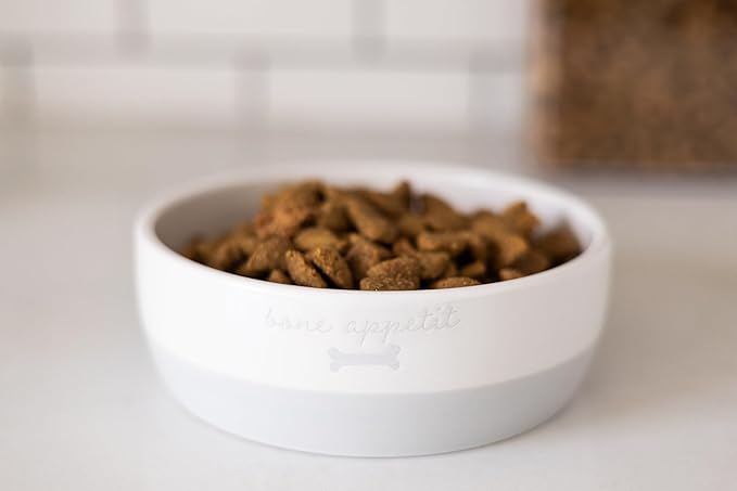 Pearhead Ceramic Bone Appétit Dog Bowl, Holds 2 Cups, Stoneware Food and Water Dish, Grey and White Pet Feeder, Small/Medium