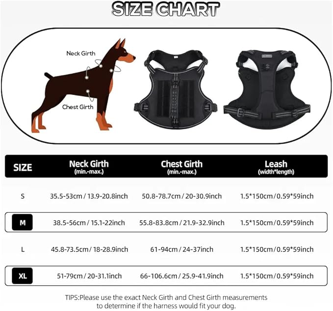 Tactical Dog Harness with Leash for Large Dogs, No Pull Adjustable Dog Harness, Reflective K9 Working Pet Vest for Walking, Training (Black, XL)
