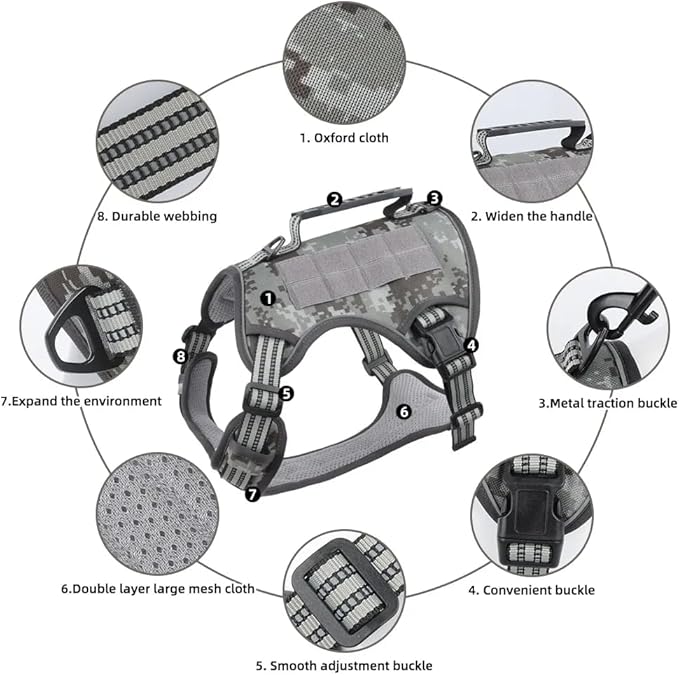 Tactical Dog Harness with Leash for Large Dogs, No Pull Adjustable Dog Harness, Reflective K9 Working Pet Vest for Walking, Training (Camouflage Grey, M)
