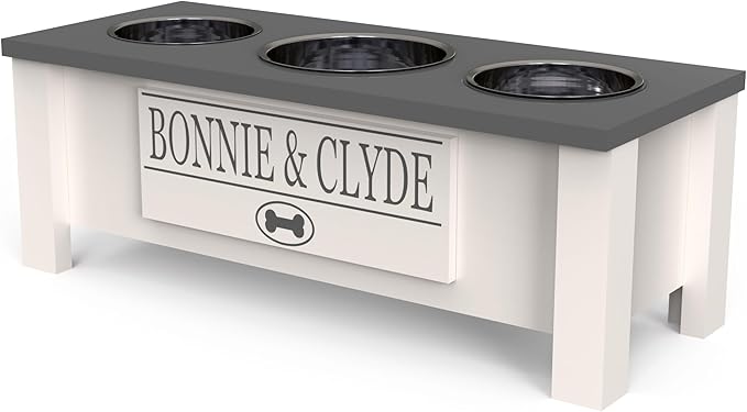 GTW Personalized Elevated Triple Dog Bowl Stand for Large, Medium, Small, X-Small Dogs - 3 Stainless Steel Food and Water Bowls - Raised Dog Dish with Internal Storage (Medium, Grey)