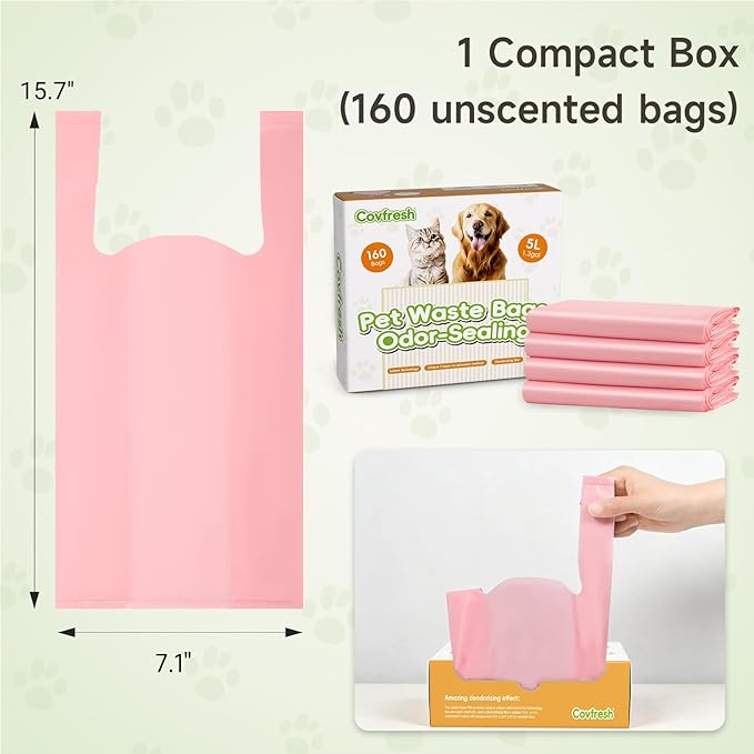 Odor-Sealing Dog Poop Bags with Handles 160 Count Pet Waste Bags, Large Capacity & Unscented Poop Bags for Dogs or Cat Litter, Conceals Smell & Mess (White)