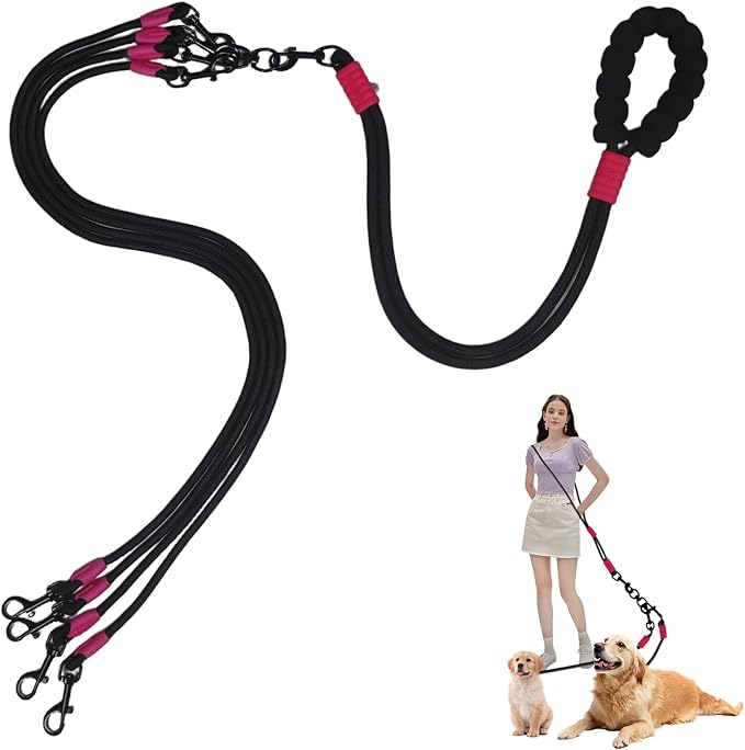 Double Dog Leash No Tangle, Adjustable Split Leads Four Pet Walking Leash with Comfortable Padded Handle for Four Dogs, Hands - Free Dual Leashes for Small/Medium Pets (Black, Four Leashes)