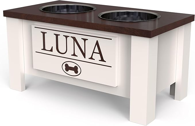 GTW Personalized Elevated Dog Bowl Stand for Large, Medium, Small, X-Small Dogs - Stainless Steel Food and Water Bowls - Raised Dog Dish with Internal Storage (Medium, Dark Walnut)