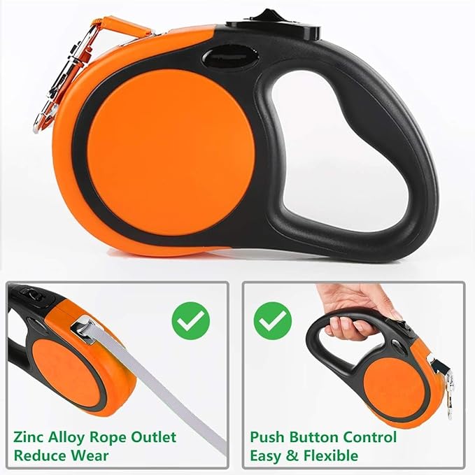 Dual Retractable Dog Leash Small Breed (Up to 110 Lbs Each) - Double Headed 16 ft Extendable Pet Leash with Poop Bags, Reflective Elastic Rope - One Key Control, 360° Tangle-Free (Orange, Large)