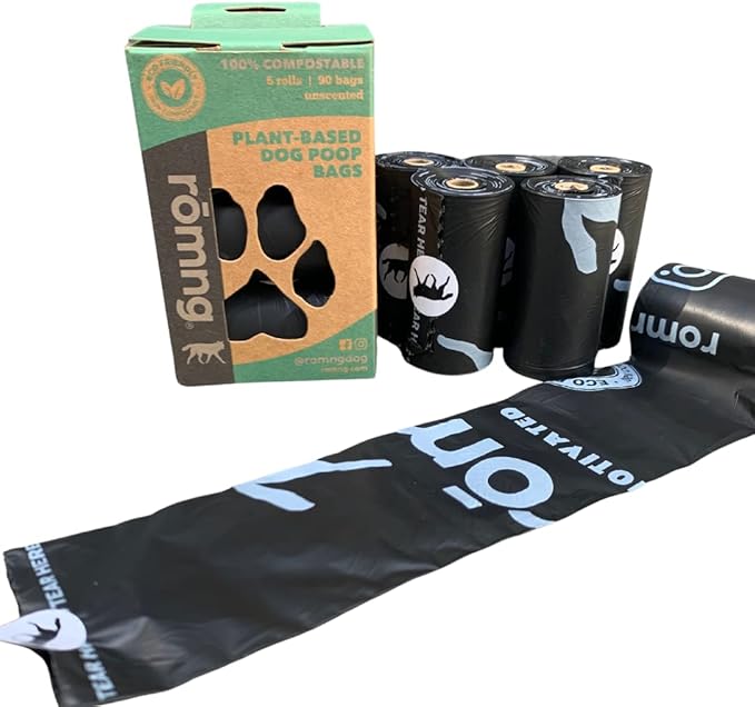 Compostable Dog Poop Bags, Plant-Based, TUV Certified, Unscented, Leak-Proof, 6 Rolls, 90 Bags, Black