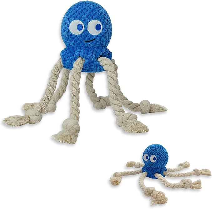 Cute Marine Animal Dog Squeaker Chew Toys, Interactive Stuffed Cotton Plush Rope Knot Toys with Crinkle Paper- for Puppy, Small, Middle Dogs (Blue Octopus)