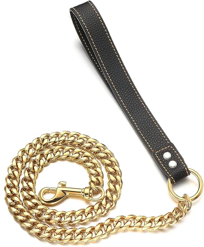 18K Gold Dog Chain Leash 15MM Solid Chew Proof 316L Stainless Steel Cuban Link Chain with Smooth Leather Handle Beautiful Leash for Walking Training 3FT/4FT/5FT(15mm,5ft)…
