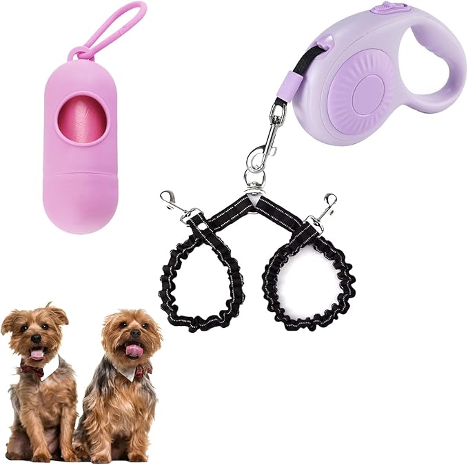 Double Dog Leash for Walking 2 Small Dogs (Up to 33 Lbs Each), Dual Retractable 9.8ft Extendable Strong Nylon Tape Pet Leash with Poop Bags, One-Handed Brake, Pause, Lock (Purple)