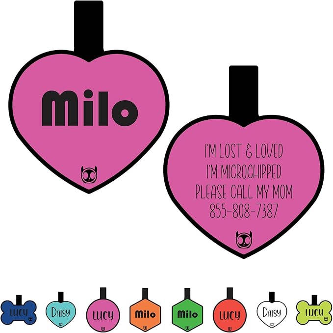 Silicone Silent Dog Tag Personalized with 5 Lines of Custom Deep Engraved Durable Soundless Pet ID Name Tag Heart Pink