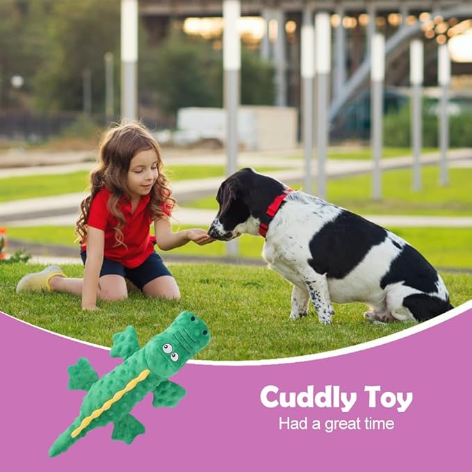 Indestructible Plush Dog Toy for Aggressive Chewers, Boredom Relief Squeaker Chew Toy with Double Fabric, Durable Crocodile Teething Toy for Large Medium Small Dogs (Green)