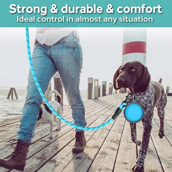 COOYOO 2 Pack Dog Leash 6 FT Heavy Duty - Comfortable Padded Handle - Reflective Dog Leash for Medium Large Dogs with Collapsible Pet Bowl Set 2-Black+Blue
