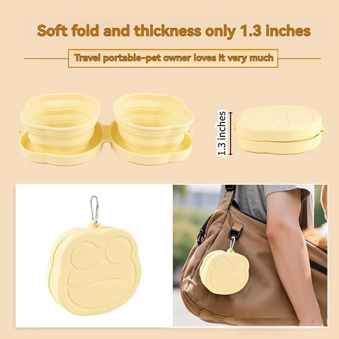 Large Dog Bowl Collapsible Dual Pet Bowl Flip Over Foldable Travel Food & Water Bowls for Dogs & Cats, Lightweight Portable 2-in-1 Double Feeder, 16.9 oz Each Bowl (Yellow)