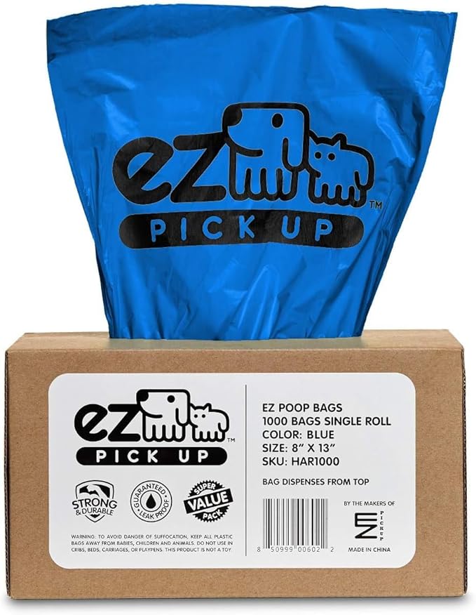 EZ Pick Up 1000 Count Dog Waste Poop Bags, Unscented Single Roll, Heavy Duty, Improved Thickness (Blue - 1000ct)