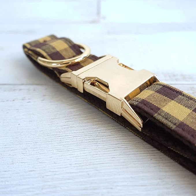 PETDURO Personalized Checkered Plaid Dog Collar Brown Yellow - Engraved Name and Phone Number on Gold Metal Buckle - Custom for Small Medium Large Boy Girl Dogs - Add Leash Bow Tie via Customize Now