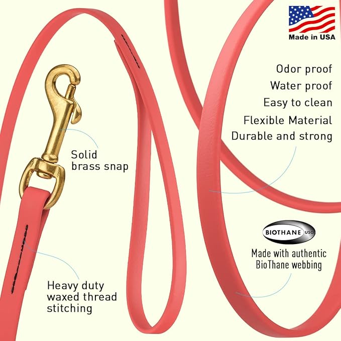 Viper K9 Biothane Working Dog Leash Waterproof Lead for Tracking Training Schutzhund Dog Sport & Search - Odor-Proof Long Line with Solid Brass Snap for Puppy Medium and Large 1/2" x 33ft Coral