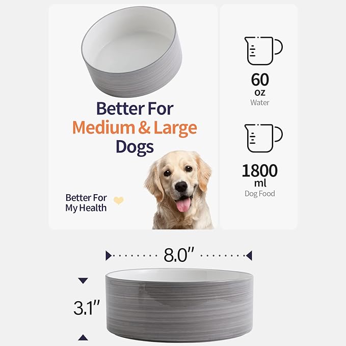 Dog Bowl Ceramic for Medium Large Breeds, Heavy Weighted Pet Food Water Feeder Dish, Non - Slip Modern Cute Extra Big Porcelain 8 in Pet Dog Bowl Maze Grey White