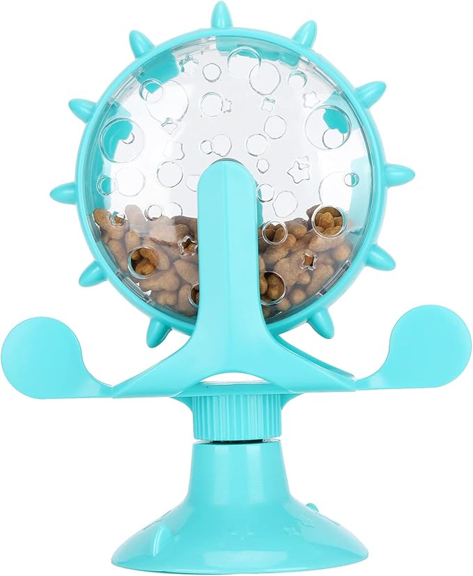 Interactive Cat Food Treats Dispenser Toy, Pet Slow Feeder Feed Training Toy Cat Windmill Toy Dog Food Dispenser, 360° Rotating Windmill Suction Cup Toys for Educational Interactive Training (Blue)