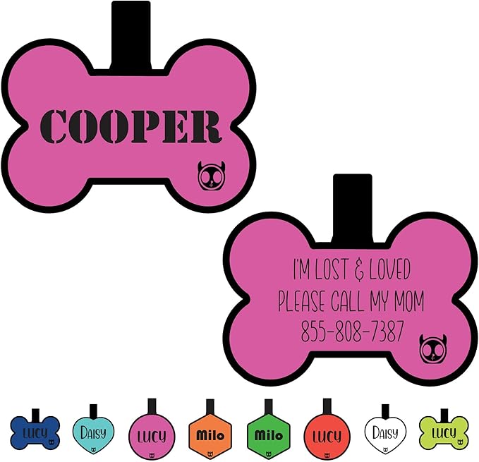 Silicone Silent Dog Tag Personalized with 5 Lines of Custom Deep Engraved Durable Soundless Pet ID Name Tag Bone Pink