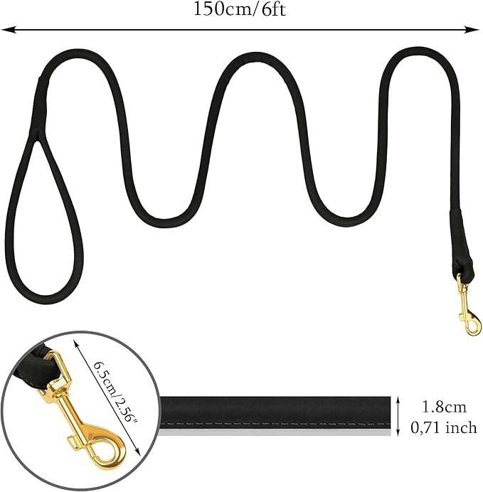 OOPSDOGGY Reflective Rolled Leather Dog Leash 6ft - Soft Training Lead for Small Medium Large Dogs Puppy - Heavy Duty Rope Puppies Leashes for Outdoor Walking Running (Black, Small)