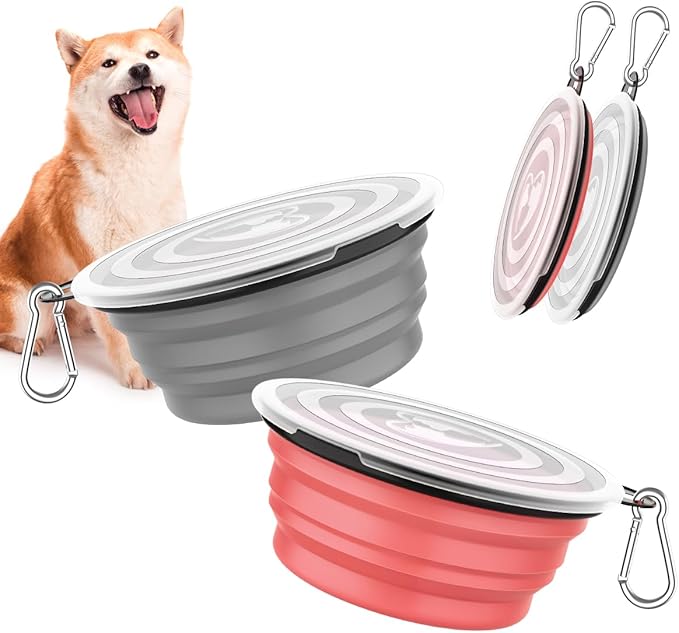Pawaboo Collapsible Dog Bowls 2 Pack, Silicone Feeding Watering Bowls with Lids & Carabiners for Dogs Cats, Portable Water Feeder Food Bowl for Walking Traveling Home Use, 1000ml, Light Pink + Grey