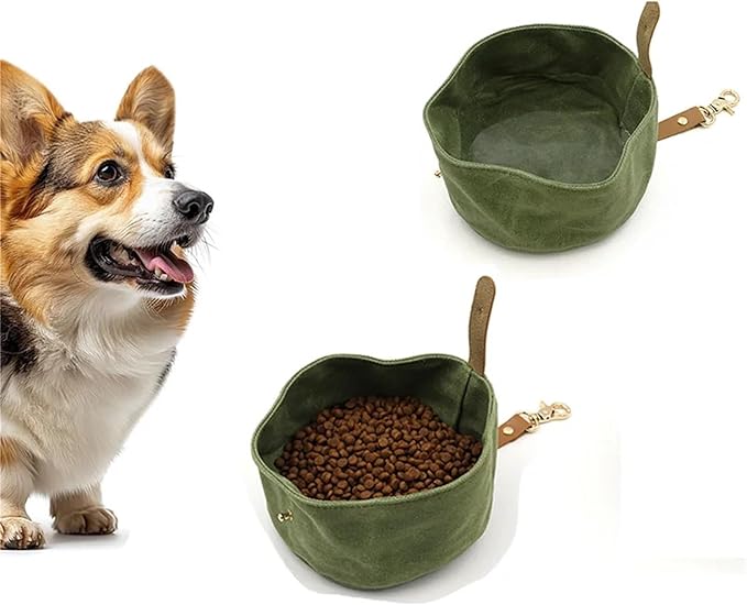 Canvas Dog Bowl, Travel Dog Food & Water Bowl, Pet Dish, Waxed Canvas(Green)