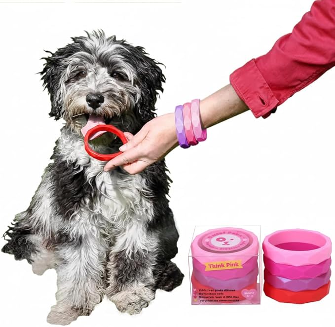 Puppy Teething Rings - 4 Pack, Bracelet Food Grade Silicone Chew Toys for Small Dogs-Medium Dog, Puppy Nipping Solution Toys, Chew Toys for Puppies 0-6 Months - Think Pink