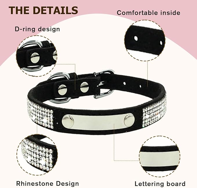 Personalized Dog Collar with Rhinestone Name Tag - Glitter Polyester Collar Adjustable [Black,L]