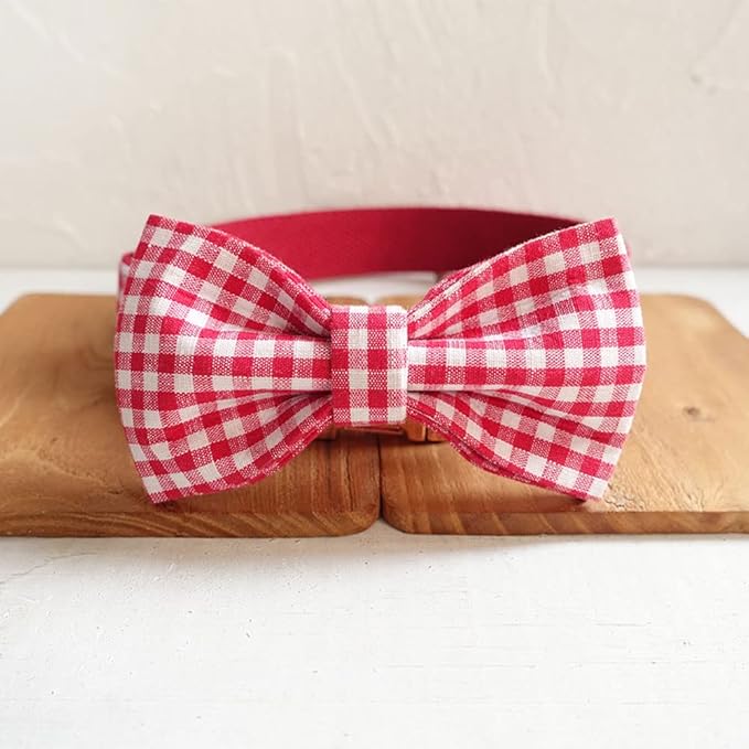 PETDURO Personalized Gingham Plaid Dog Collar Red - Engraved Name and Phone Number on Rose Gold Metal Buckle - Custom for Small Medium Large Boy Girl Dogs - Add Leash Bow Tie via Customize Now
