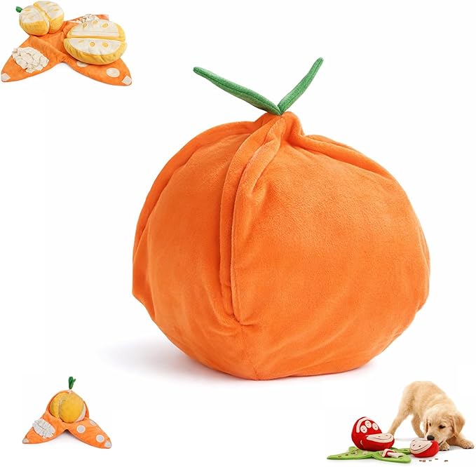 Orange Hide and Seek Plush Dog Toy, Easy to Clean Snuffle Watermelon Hide and Seek Dog Toy with Crinkle Paper, Interactive Puzzle Toys for Small, Medium & Large Dogs (Orange)