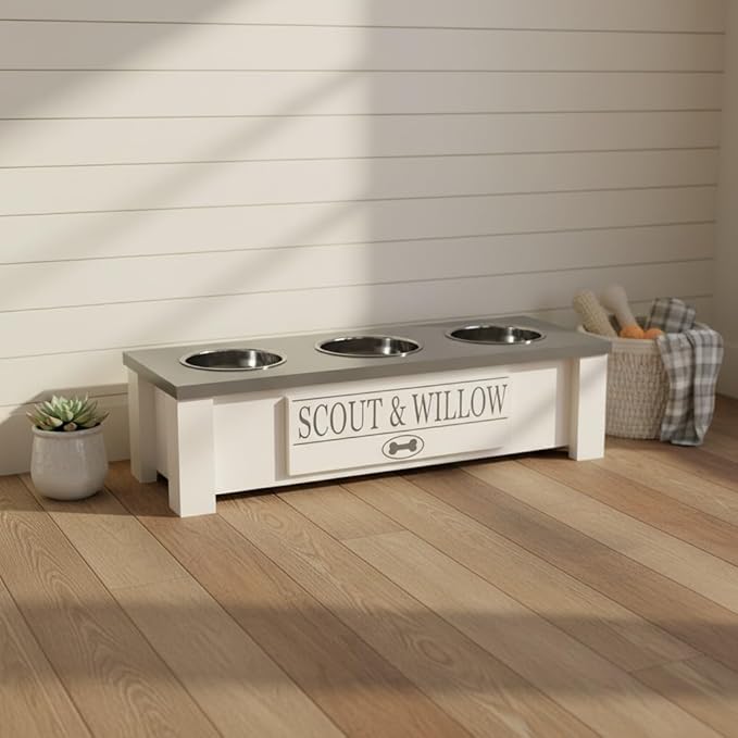 GTW Personalized Elevated Triple Dog Bowl Stand for Large, Medium, Small, X-Small Dogs - 3 Stainless Steel Food and Water Bowls - Raised Dog Dish with Internal Storage (Small, Grey)