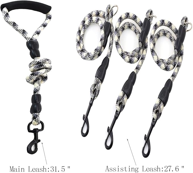 3 Dog Leash - Padded Handle, 360° Swivel Multiple Dog Leash No Tangle, Lead for Medium Large Dogs, Walking & Training Double Dogs (Black White)
