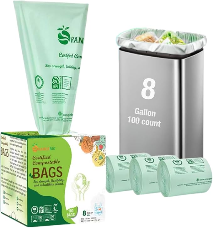 OrangeBio 6~8 Gallon Compostable Trash Bags, 100 Count, 30 Liter, 100 Count, 0.85 Mil Heavy Duty, Food Scrap Bags for Medium Bins, US BPI ASTM D6400 and OK Compost Home Certified